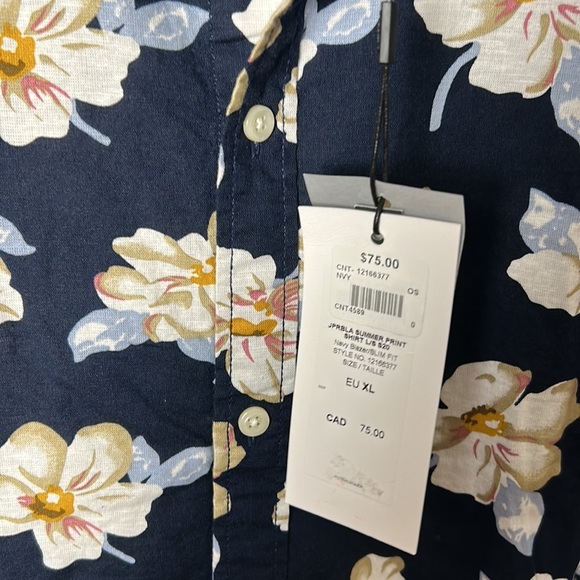 Jack & Jones XL blue yellow floral cotton linen blend men dress shirt NWT! - Picture 4 of 16